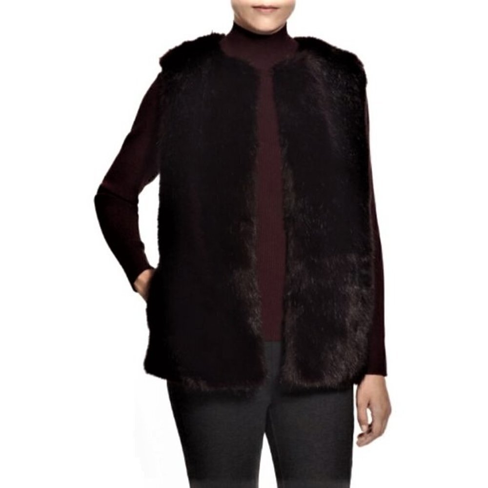 Pink Tartan Faux Fur Vest XS/S Oxblood Wine Oversized Cozy Lined Pockets